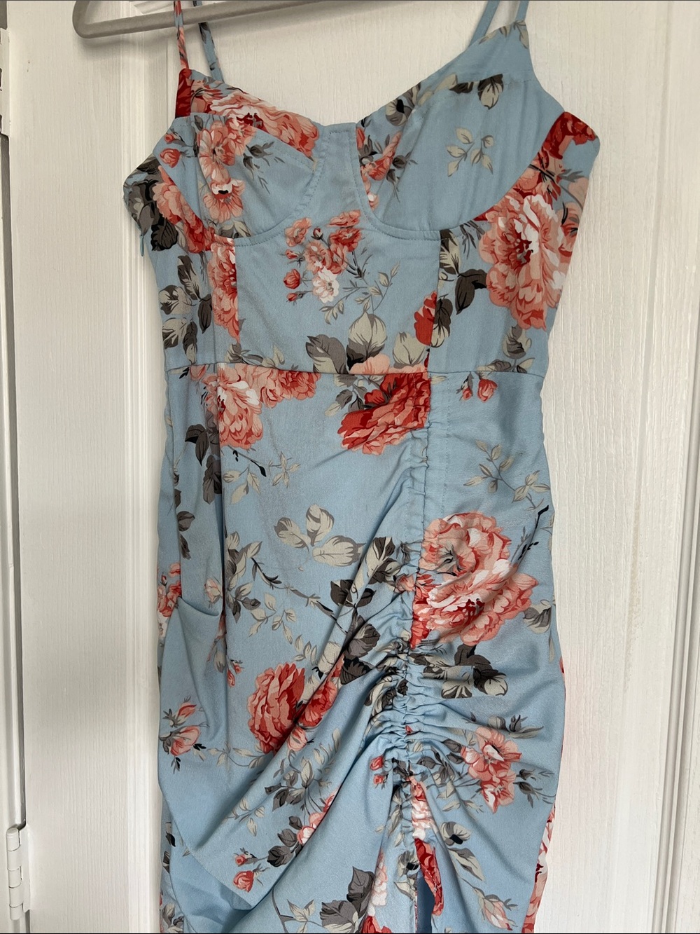 SHEIN Light Blue Floral Midi Dress with Pink Coral Roses